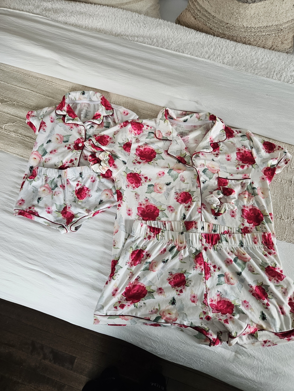 Mommy And Me Floral Pajama Set - White with Pink Roses